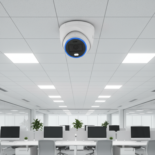 White security camera with blue accent on a white background