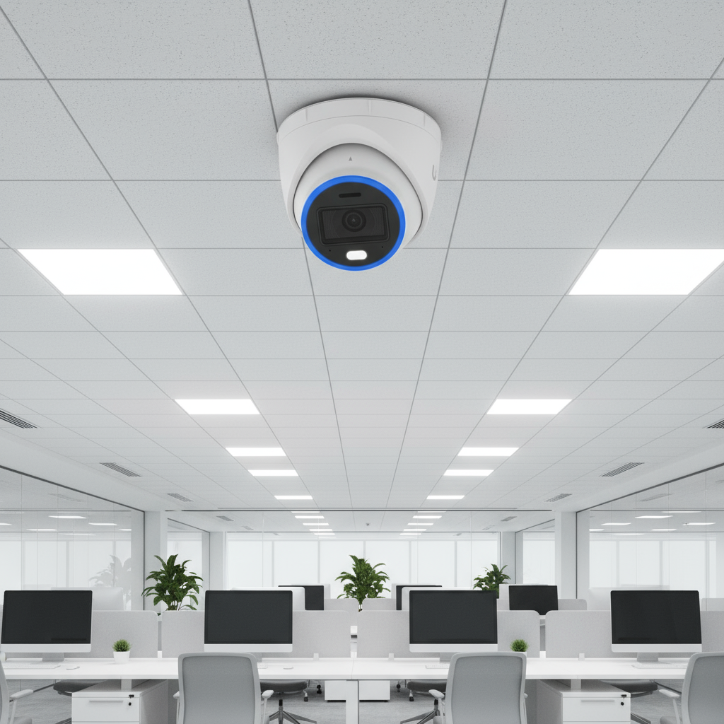 White security camera with blue accent on a white background